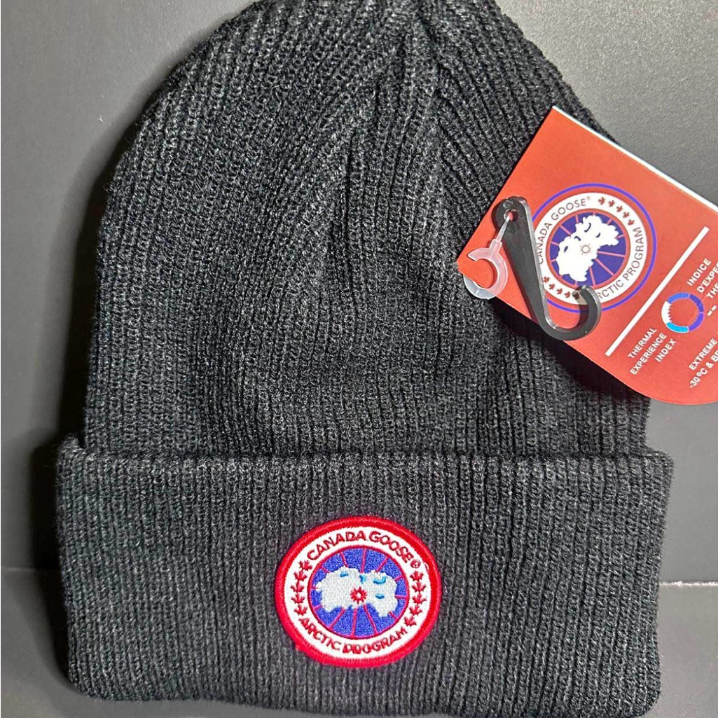 Canada Goose Black Ribbed Knit Beanie With Red & White Logo Patch
